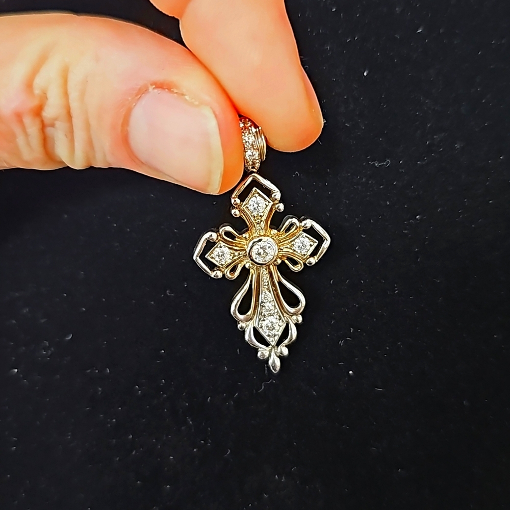 Rhodium vermeil sterling silver and cz cross pendant